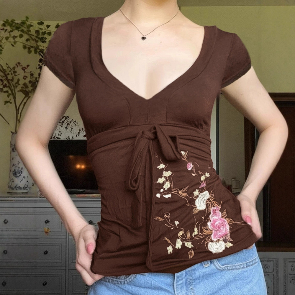 ZARA Vintage Botanical Floral Embroidered Contrast Collar Tie Waist Chic Blouse